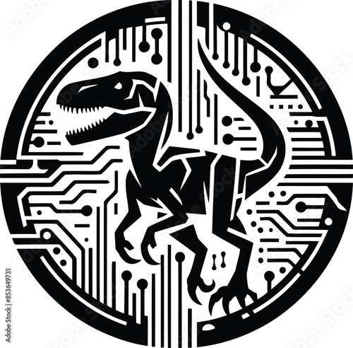 velociraptor in silhouete with cyberpunk pattern illustration