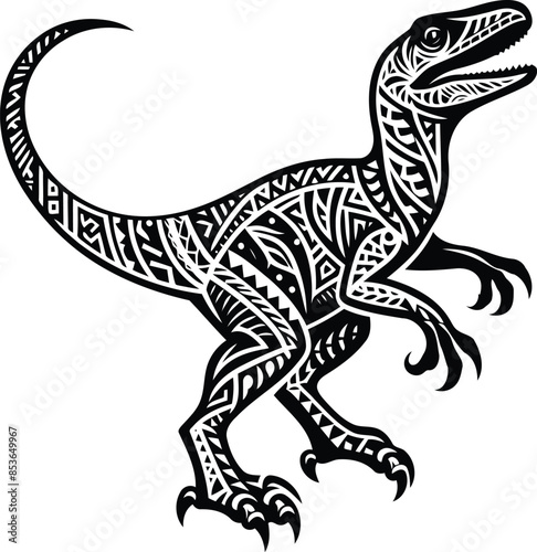 velociraptor in silhouete with Polynesian ethnic pattern illustration