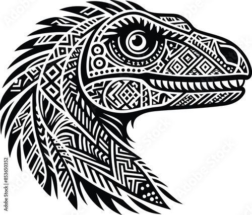 velociraptor in silhouete with Polynesian ethnic pattern illustration