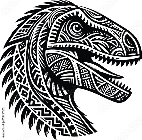 velociraptor in silhouete with Polynesian ethnic pattern illustration