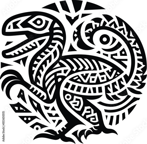 velociraptor in silhouete with Polynesian ethnic pattern illustration