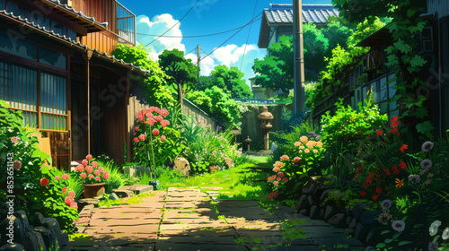 illustration art garden at summer style art anime
