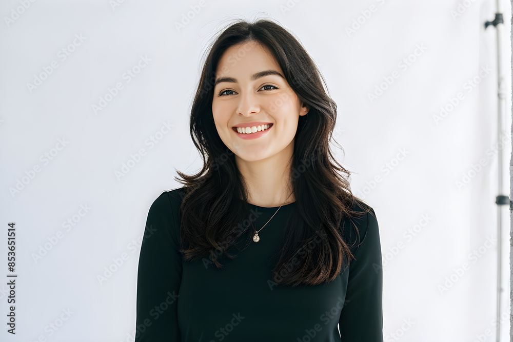 Portrait of authentic happy woman without makeup, smiling at camera, standing cute against white background. Portrait of authentic happy woman without makeup, smiling at camera, standing cute against white background.