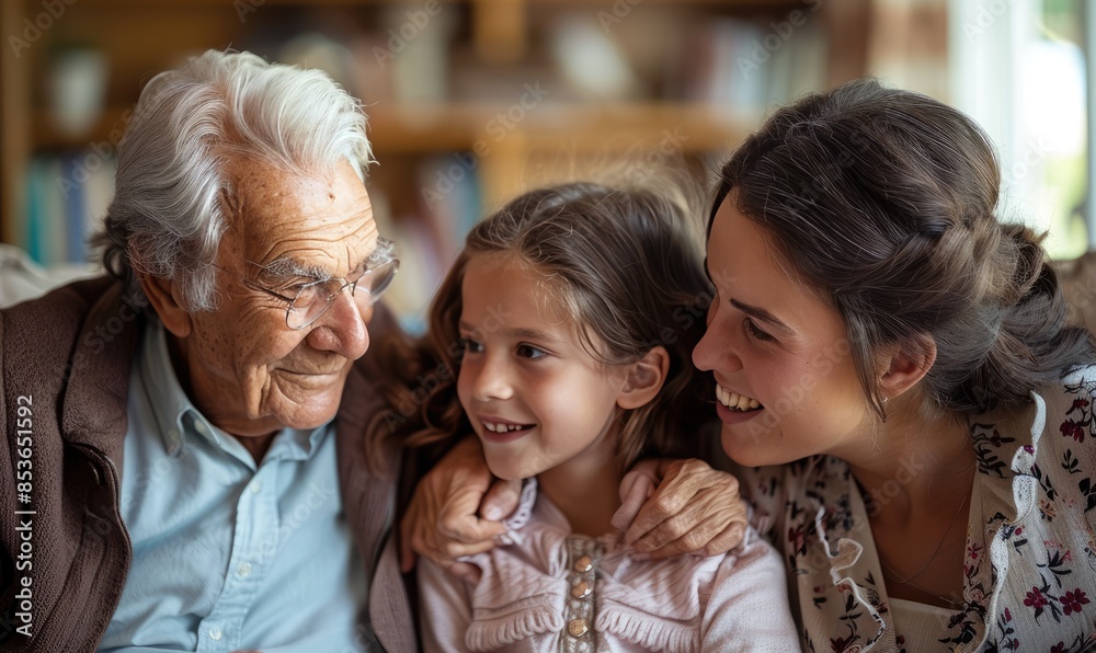 Happy multi-generational family bonding, grandfather, mother, and daughter sharing joyful laughter at home Happy multi-generational family bonding, grandfather, mother, and daughter sharing joyful laughter at home