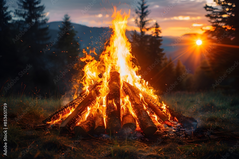 Spring Campfire at Sunset in Mountainous Forest for Nature Lovers, Perfect Outdoor Adventure Concept Spring Campfire at Sunset in Mountainous Forest for Nature Lovers, Perfect Outdoor Adventure Concept
