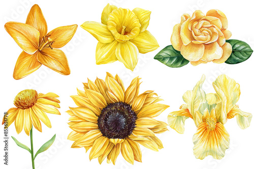 yellow flowers watercolor. Sunflower, iris, lili, rose. Summer garden flowers isolated on a white background for design photo