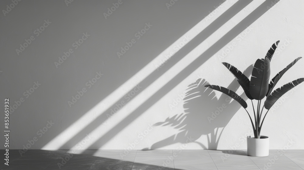 Green plant casting shadow on white wall through blinds Green plant casting shadow on white wall through blinds