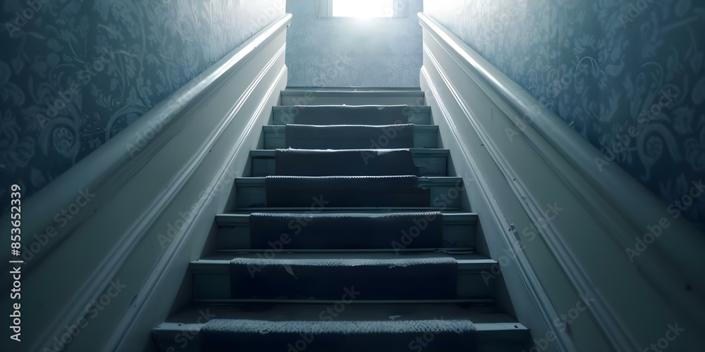 Eerie Old Staircase Descending Into Dim Basement with Flickering Light and Peeling Wallpaper. Concept Horror Themes, Creepy Atmosphere, Abandoned Spaces, Mysterious Interiors, Dark Aesthetics Eerie Old Staircase Descending Into Dim Basement with Flickering Light and Peeling Wallpaper. Concept Horror Themes, Creepy Atmosphere, Abandoned Spaces, Mysterious Interiors, Dark Aesthetics