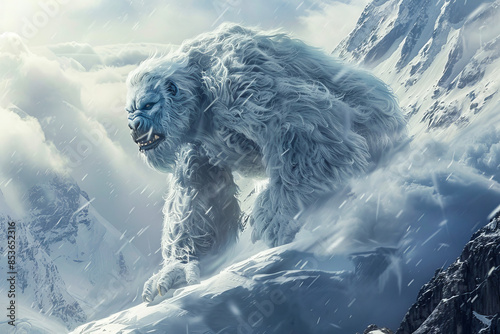 Abominable Snowman.  Generated image.  A digital illustration of an abominable snowman with a fur coloring of gray and white in the wild.