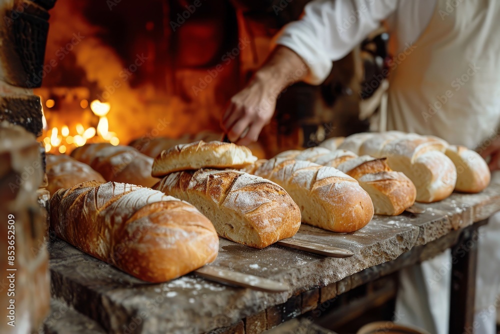 Freshly baked loaves of bread cooling on a wooden rack in a traditional bakery.
Freshly baked loaves of bread cooling on a wooden rack in a traditional bakery.