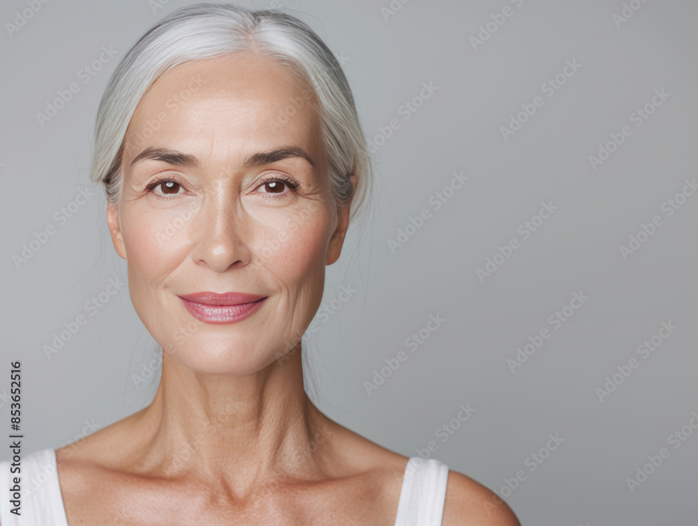 mature senior asian woman portrait after skincare, grey background , copy space mature senior asian woman portrait after skincare, grey background , copy space