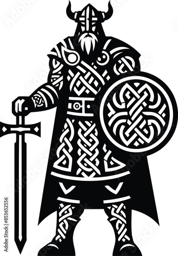 viking in silhouete with celtic knot pattern illustration