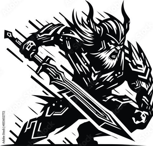 viking in silhouete with cyberpunk pattern illustration