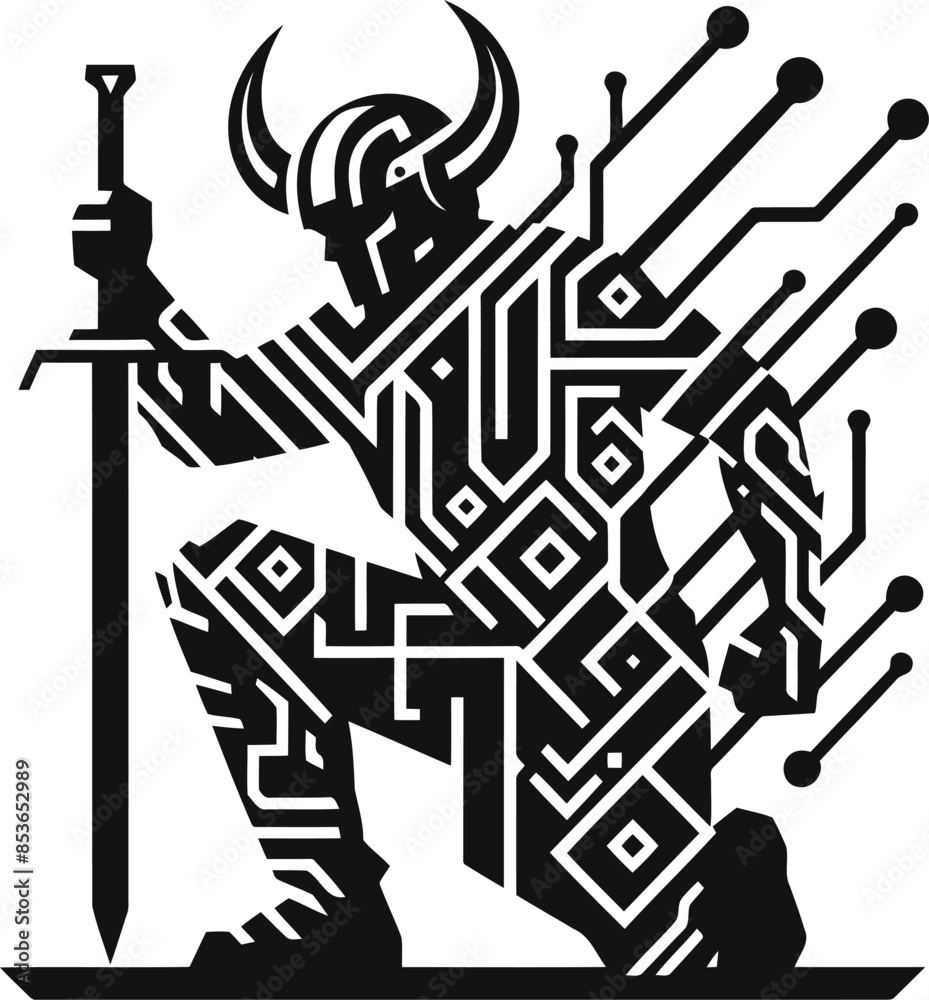 viking in silhouete with cyberpunk pattern illustration viking in silhouete with cyberpunk pattern illustration