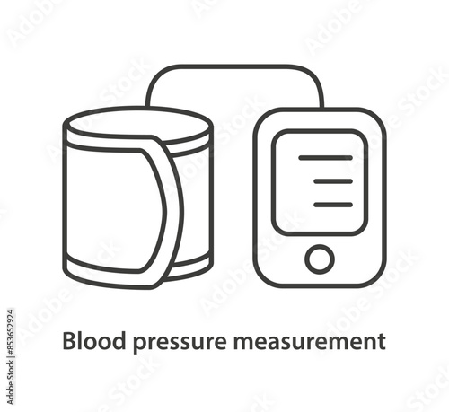 Medical icon of blood pressure tonometer in linear style. Blood pressure measuring device. Health medical symbol. Vector illustration isolated on white background.