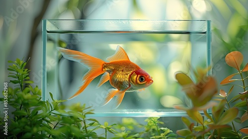 Goldenfish Oasis Orange goldfish, gliding through a rectangular glass tank filled with water, a serene and beautiful scene photo