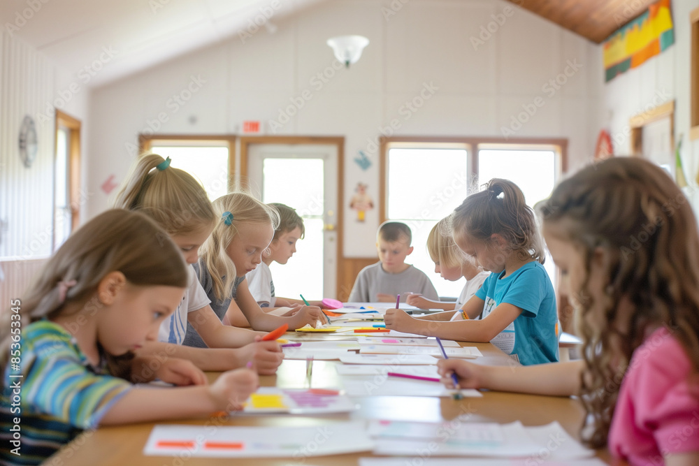 Fototapeta premium Children Engaged in Drawing Activities in a Bright Classroom