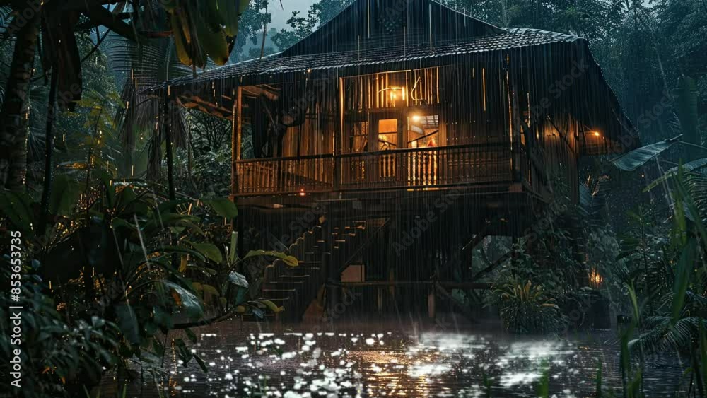 Rustic Treehouse Cabin in Rainy Tropical Forest at Night
