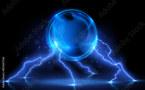 Blue light sphere with lightnings on black background