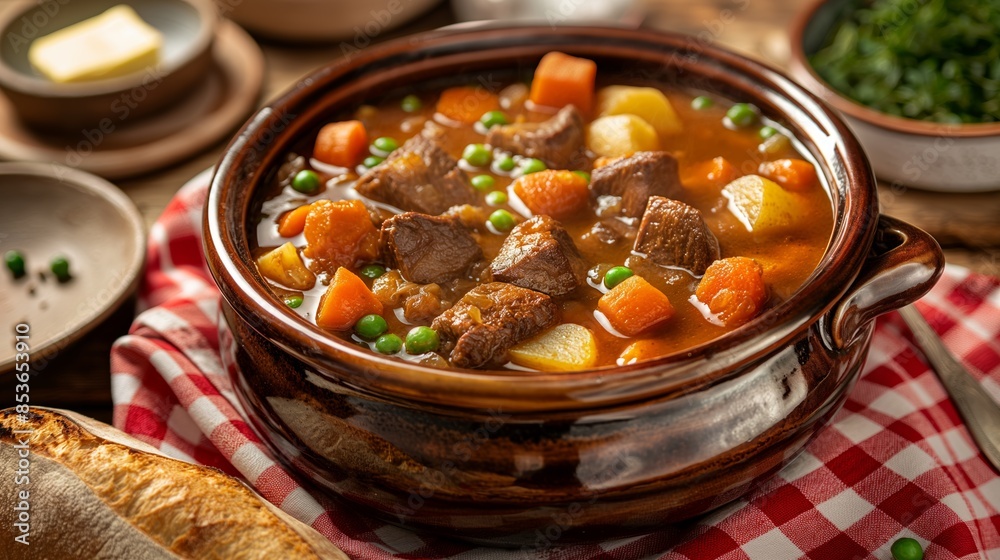 Hearty Beef Stew in Rustic Pot With Seasonal Vegetables on Checkered Cloth Hearty Beef Stew in Rustic Pot With Seasonal Vegetables on Checkered Cloth