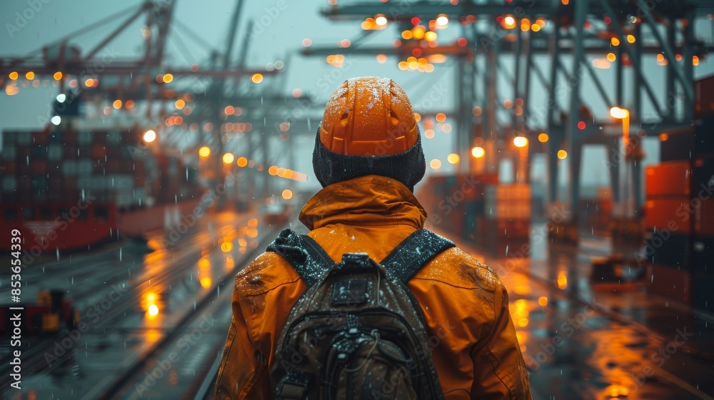 A worker stands amidst a bustling industrial port, wearing a raincoat during a downpour, with cranes and lights in the background A worker stands amidst a bustling industrial port, wearing a raincoat during a downpour, with cranes and lights in the background