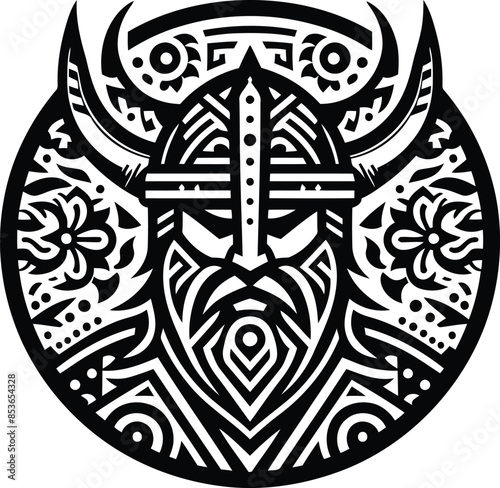 viking in silhouete with Polynesian ethnic pattern illustration