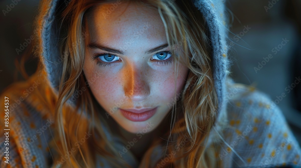 A young woman with blue eyes and freckles gazes calmly from within the hood of a cozy, warm sweater A young woman with blue eyes and freckles gazes calmly from within the hood of a cozy, warm sweater