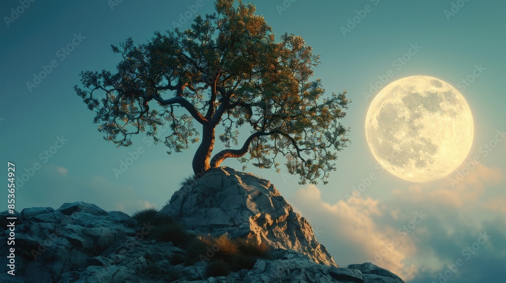 Fototapeta premium 3D illustration of a tree against the background of a full moon