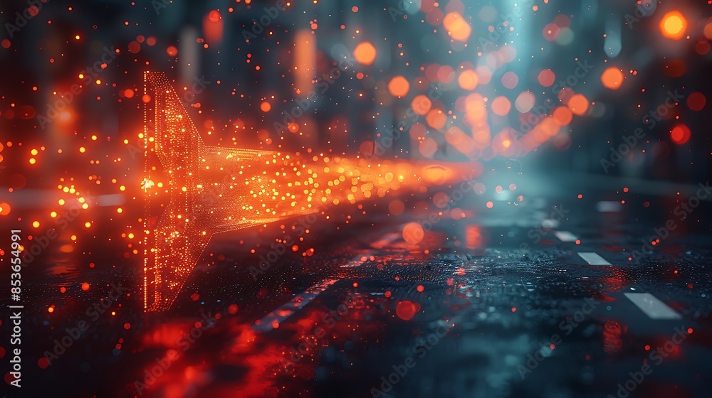 Obraz premium Arrows moving dynamically across the screen in a flow of traffic-like motion on a cityscape background. The vibrant arrows and bustling cityscape add a sense of energy and movement to the scene. 