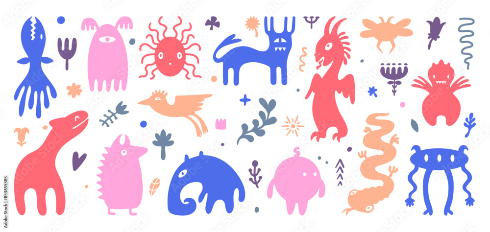 Obraz premium Abstract doodle creatures. Fantastic creature fictional monsters animals and plants with crazy faces. Strange characters, neoteric vector set