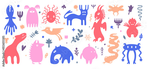 Abstract doodle creatures. Fantastic creature fictional monsters animals and plants with crazy faces. Strange characters, neoteric vector set