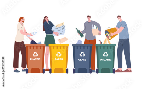 People sorting waste. Plastic bins for paper glass organic garbage. Modern young adults eco friendly characters, recycle trash kicky vector scene