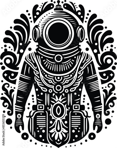 vintage diving suit in silhouete with bohemian nature pattern illustration