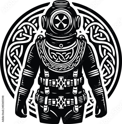 vintage diving suit in silhouete with celtic knot pattern illustration