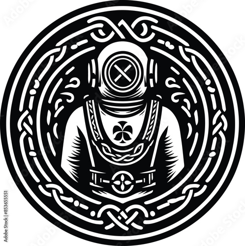 vintage diving suit in silhouete with celtic knot pattern illustration