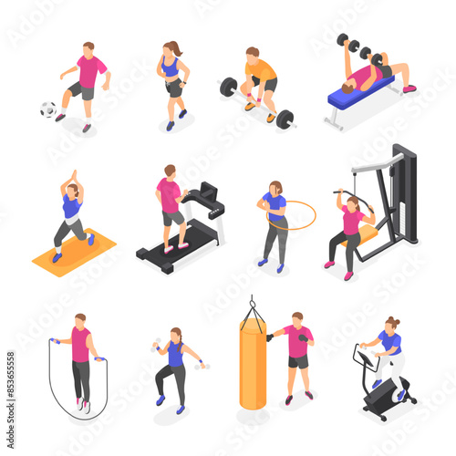 Isometric sport people. Person fitness activities, training gym stretching and yoga. Workout on treadmill, cycling and lifting, flawless vector characters