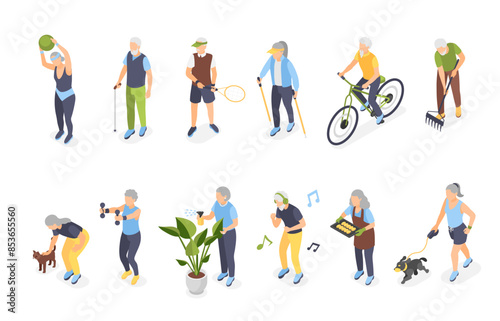 Isometric old people activities. Elderly men women training, play tennis cycling and dancing. Walk with dog and stroking cat, flawless vector characters