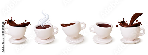 White 3d coffee cup. Americano splash and drops. Realistic render cute cups with plate or saucer. Hot drink for breakfast and lunch, pithy vector elements