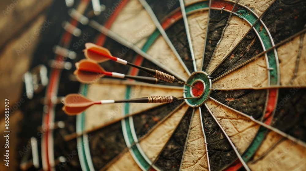 Photograph of a close-up of a dartboard with three darts clustered in the bullseye, their flights barely touching. Photograph of a close-up of a dartboard with three darts clustered in the bullseye, their flights barely touching.