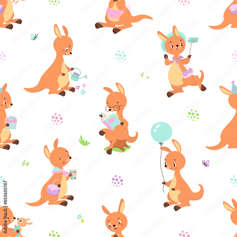 Kangaroo seamless pattern. Cute australian animals activities. Funny childish texture for fabric or wrapping, positive background nowaday vector design Kangaroo seamless pattern. Cute australian animals activities. Funny childish texture for fabric or wrapping, positive background nowaday vector design