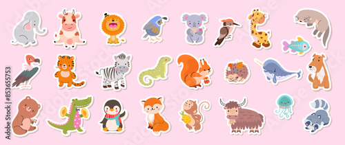 Childish animal stickers. Baby sticker with tiger lion cow bear squirrel hedgehog monkey. Cute wild forest and jungle animals, nowaday vector characters