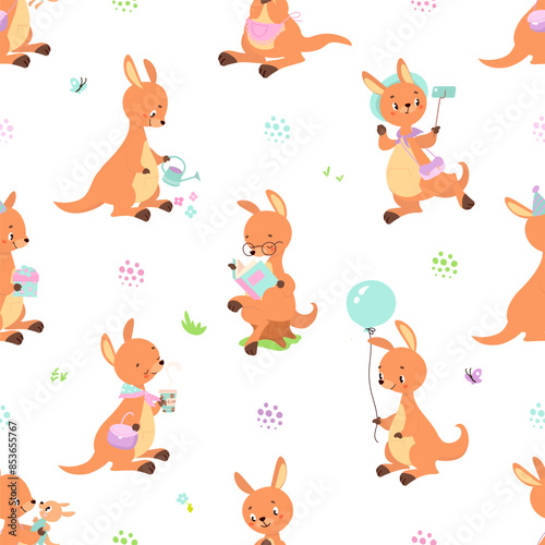 Kangaroo seamless pattern. Cute australian animals activities. Funny childish texture for fabric or wrapping, positive background nowaday vector design