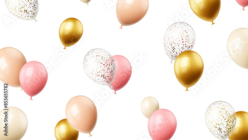 Flying realistic balloons background. Isolated golden pink beige balloon, elements with sparkles inside. Birthday, opening show, wedding anniversary vector backdrop