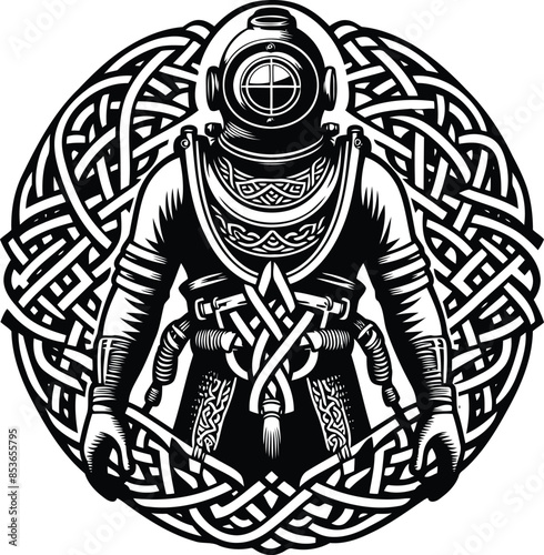 vintage diving suit in silhouete with celtic knot pattern illustration