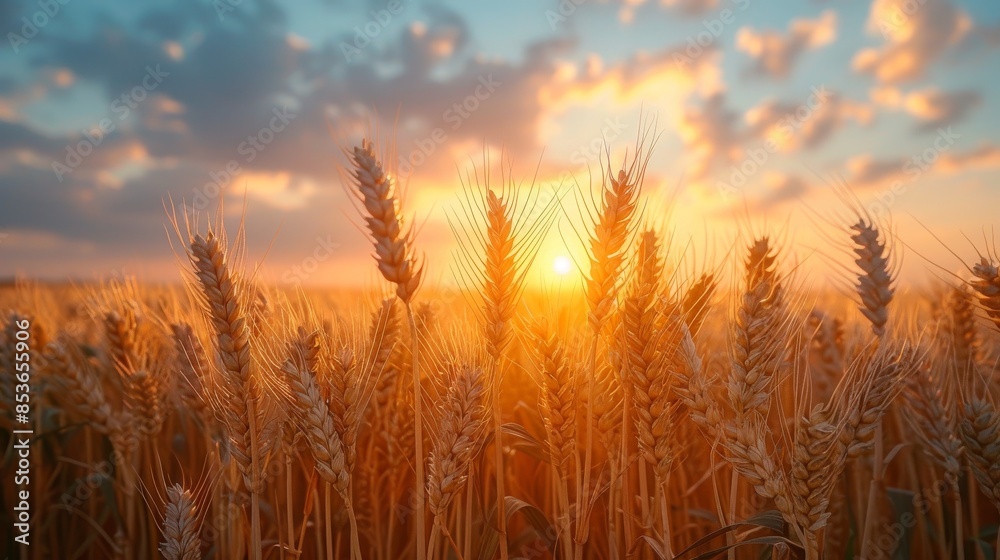 A close-up shot of a golden-hour sunset illuminating a ripe wheat field under a cloudy sky A close-up shot of a golden-hour sunset illuminating a ripe wheat field under a cloudy sky