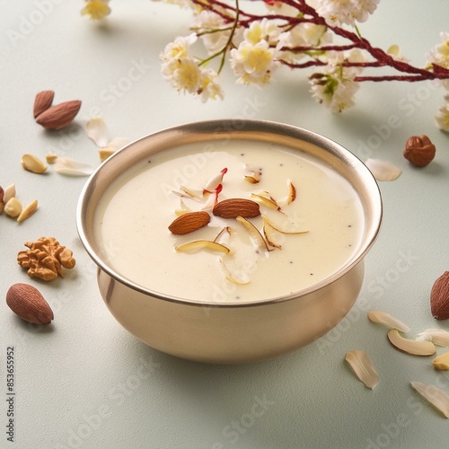 Indian special sweet food rabri or rabdi made with pure milk garnished with dry fruits photo