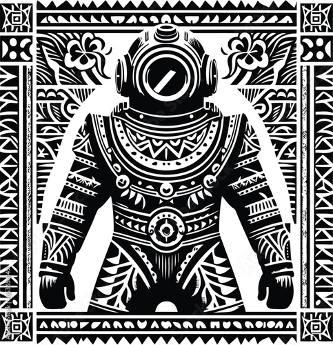vintage diving suit in silhouete with Polynesian ethnic pattern illustration