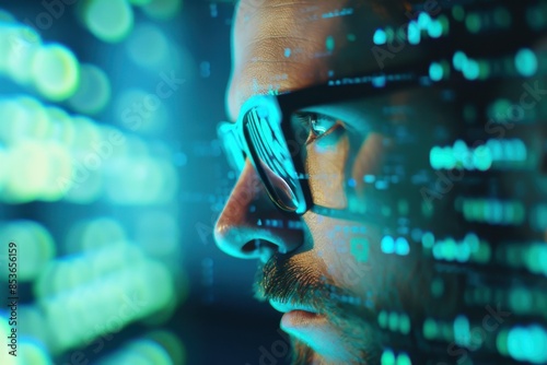 Close-up of a man with glasses analyzing data on a screen, glowing data streams and numbers symbolizing technology and analysis.