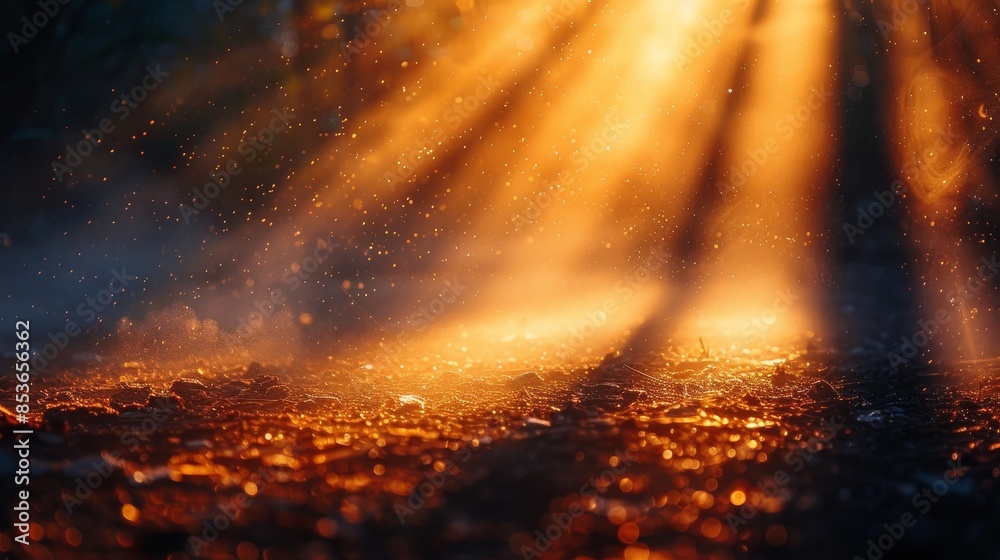 Enchanting forest scenery with sunlight penetrating through the trees and mist Enchanting forest scenery with sunlight penetrating through the trees and mist