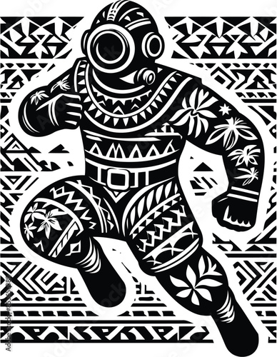 vintage diving suit in silhouete with Polynesian ethnic pattern illustration